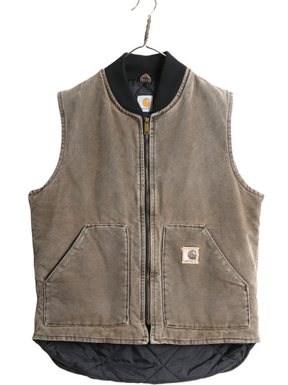 00s カーハート 中綿 ダック ベスト メンズ L 程 古着 オールド フルジップ 腰ゴム ナイロン キルティング ライナー 前開き チェストナッツ