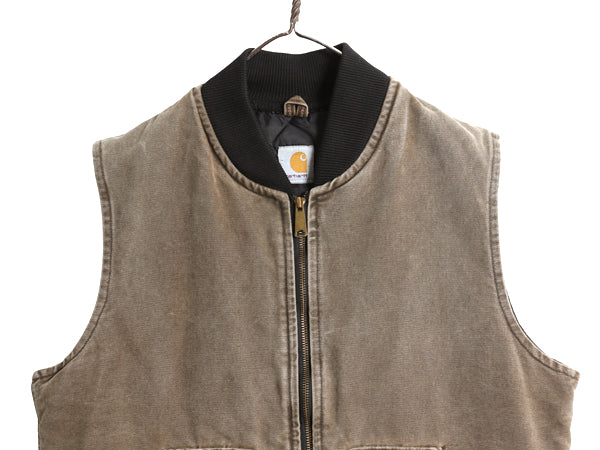 00s カーハート 中綿 ダック ベスト メンズ L 程 古着 オールド フルジップ 腰ゴム ナイロン キルティング ライナー 前開き チェストナッツ
