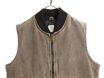 00s カーハート 中綿 ダック ベスト メンズ L 程 古着 オールド フルジップ 腰ゴム ナイロン キルティング ライナー 前開き チェストナッツ