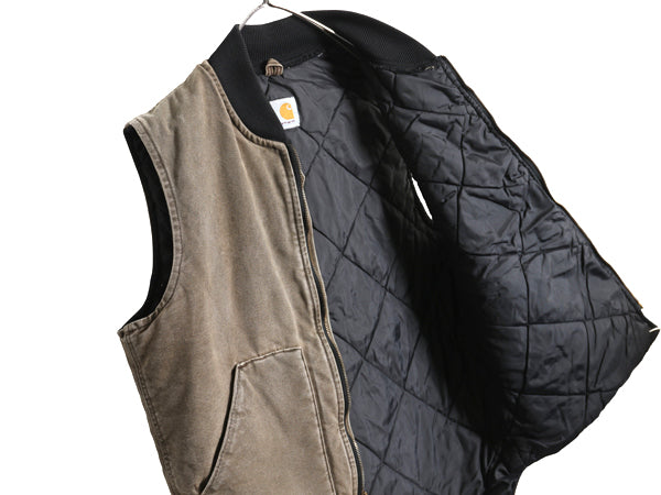 00s カーハート 中綿 ダック ベスト メンズ L 程 古着 オールド フルジップ 腰ゴム ナイロン キルティング ライナー 前開き チェストナッツ