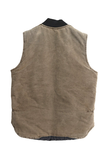 00s カーハート 中綿 ダック ベスト メンズ L 程 古着 オールド フルジップ 腰ゴム ナイロン キルティング ライナー 前開き チェストナッツ