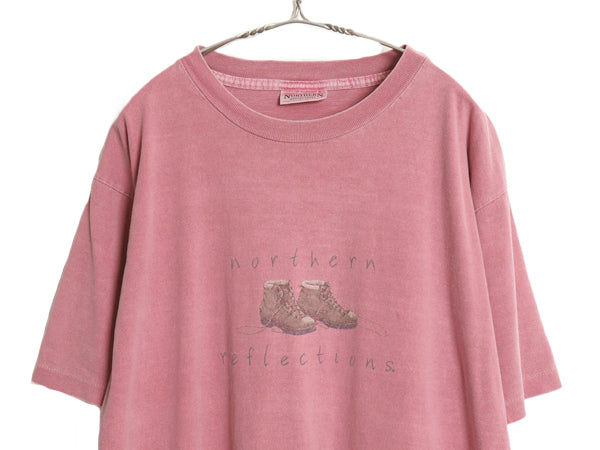 90s Northern Reflections イラスト プリント Tシャツ メンズ XL 程 オールド アウトドア ブーツ アート シングルステッチ 大きいサイズ 赤