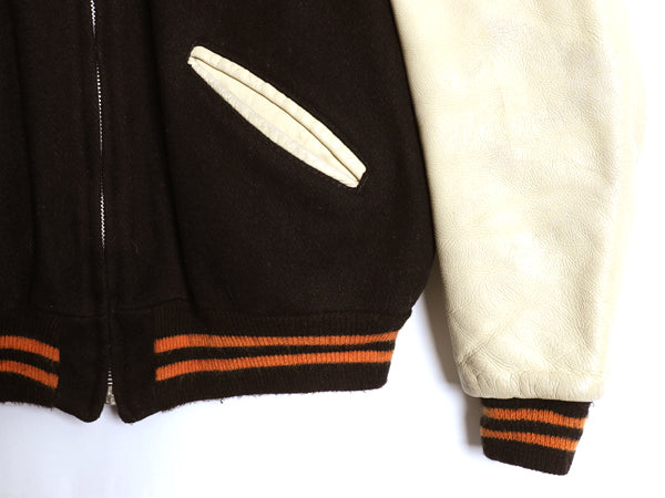 70s 80s USA製 DeLONG 袖レザー ウール スタジャン メンズ M ヴィンテージ 本革 レザー カレッジ サガラ ワッペン アワード ジャケット 黒