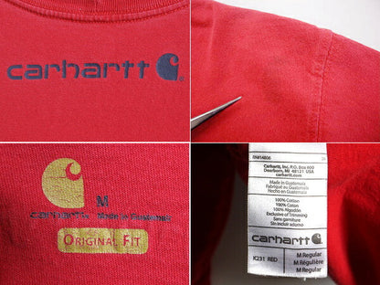 ■ カーハート 袖 プリント コットン 長袖 Tシャツ ( メンズ M ) 古着 CARHARTT ロゴTシャツ ロンT プリントT 袖プリ クルーネック レッド