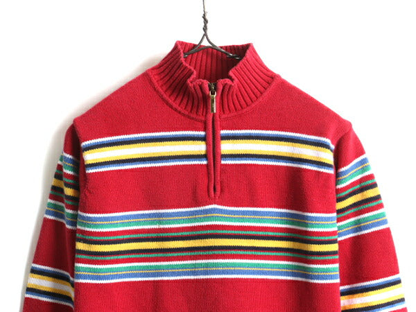 ■ LAUREN ラルフローレン ボーダー ジップネック 長袖 コットン ニット セーター ( レディース S 程) 古着 POLO ポロ マルチカラー PETITE