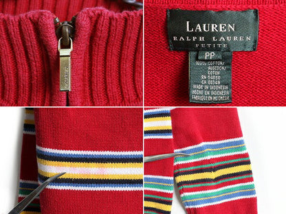 ■ LAUREN ラルフローレン ボーダー ジップネック 長袖 コットン ニット セーター ( レディース S 程) 古着 POLO ポロ マルチカラー PETITE
