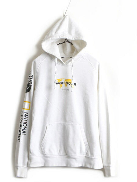 日本未発売 ■ ノースフェイス 袖 プリント スウェット フード パーカー ( メンズ S 程) 古着 The North Face ナショナルジオグラフィック