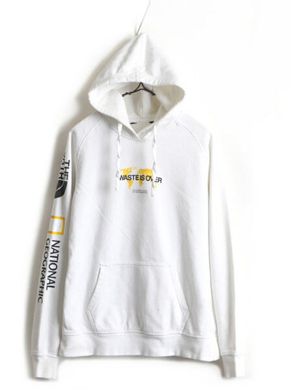 日本未発売 ■ ノースフェイス 袖 プリント スウェット フード パーカー ( メンズ S 程) 古着 The North Face ナショナルジオグラフィック