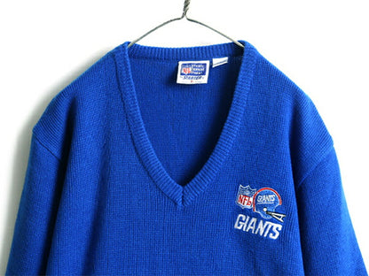 90s ■ スターター NFL オフィシャル ニューヨーク ジャイアンツ Vネック アクリル ニット セーター ( メンズ L ) 古着 STARTER 90年代 青
