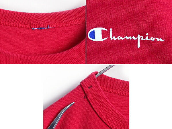 90s ■ チャンピオン ワンポイント ロゴ プリント 半袖 Tシャツ ( メンズ XL 程) 古着 Champion 90年代 オールド 目あり 目つき レッド 赤