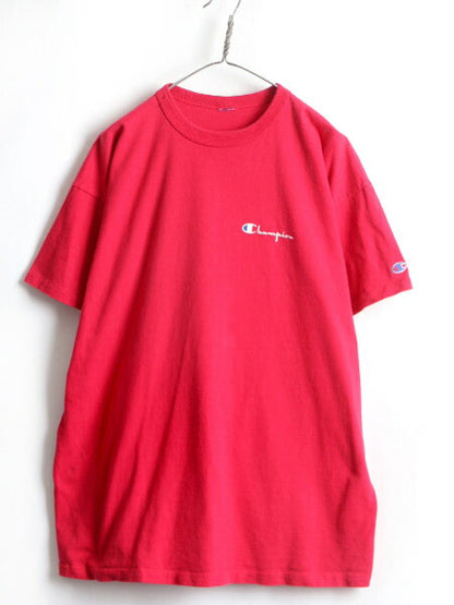 90s ■ チャンピオン ワンポイント ロゴ プリント 半袖 Tシャツ ( メンズ XL 程) 古着 Champion 90年代 オールド 目あり 目つき レッド 赤