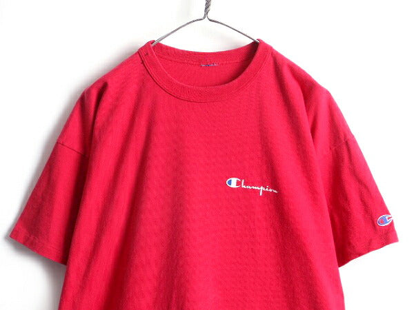 90s ■ チャンピオン ワンポイント ロゴ プリント 半袖 Tシャツ ( メンズ XL 程) 古着 Champion 90年代 オールド 目あり 目つき レッド 赤