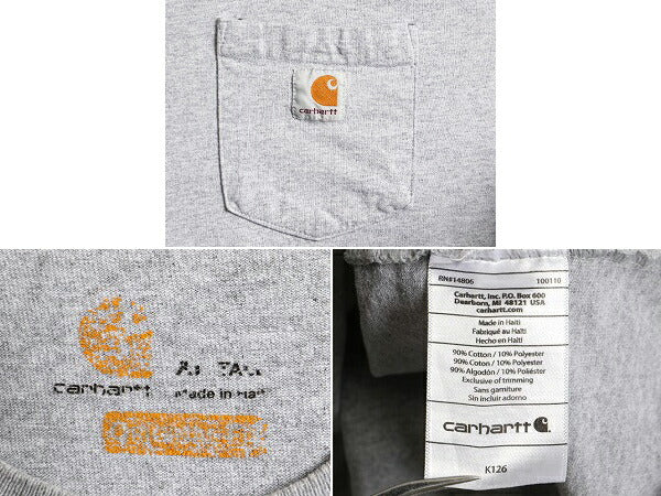 大きいサイズ XL ■ カーハート ポケット付き 長袖 Tシャツ ( メンズ ) 古着 CARHARTT ロンT ワンポイント クルーネック ポケT ロゴT 無地