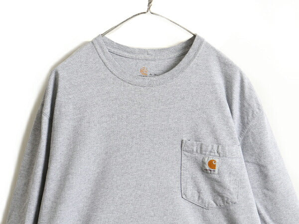 大きいサイズ XL ■ カーハート ポケット付き 長袖 Tシャツ ( メンズ ) 古着 CARHARTT ロンT ワンポイント クルーネック ポケT ロゴT 無地