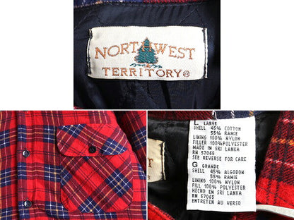 90s ■ NORTHWEST TERRITORY 中綿 キルティング ライナー付き チェック 長袖 フランネル シャツ ( メンズ L )古着 90年代 シャツジャケット
