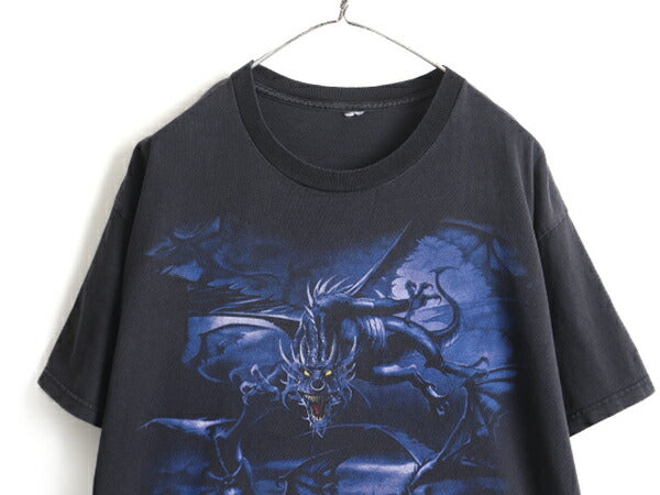 00s オールド ■ ドラゴン プリント 半袖 Tシャツ ( メンズ L 程) 古着 00年代 プリントT キャラクター リキッドブルー 龍 半袖Tシャツ 黒
