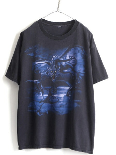 00s オールド ■ ドラゴン プリント 半袖 Tシャツ ( メンズ L 程) 古着 00年代 プリントT キャラクター リキッドブルー 龍 半袖Tシャツ 黒
