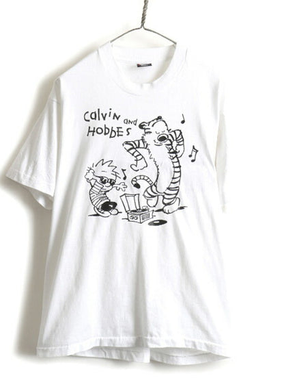 90s Calvin and Hobbes カルビンとホッブス プリント 半袖 Tシャツ (XL)