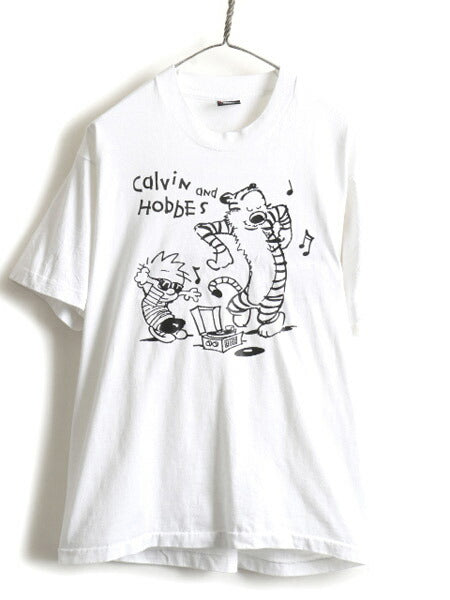 90s Calvin and Hobbes カルビンとホッブス プリント 半袖 Tシャツ (XL)