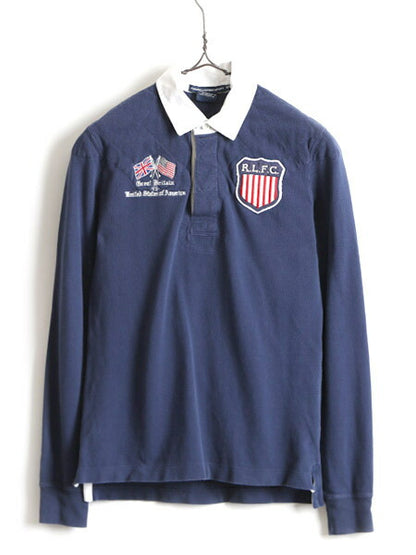 ■ ラルフローレン スポーツ 鹿の子 長袖 ポロシャツ ( レディース M ) 古着 ポロ POLO 長袖シャツ ラガーシャツ タイプ ラグビー 星条旗