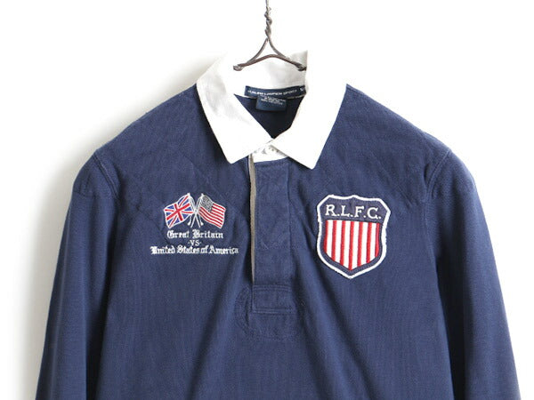 ■ ラルフローレン スポーツ 鹿の子 長袖 ポロシャツ ( レディース M ) 古着 ポロ POLO 長袖シャツ ラガーシャツ タイプ ラグビー 星条旗