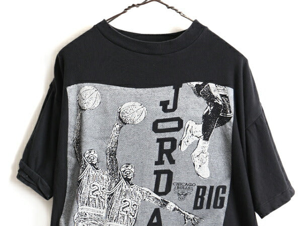 パキ綿 80s ビンテージ ★ NBA シカゴ ブルズ マイケル ジョーダン プリント 半袖 Tシャツ ( メンズ L 程) 古着 バスケ MICHAEL JORDAN 黒