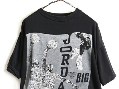パキ綿 80s ビンテージ ★ NBA シカゴ ブルズ マイケル ジョーダン プリント 半袖 Tシャツ ( メンズ L 程) 古着 バスケ MICHAEL JORDAN 黒