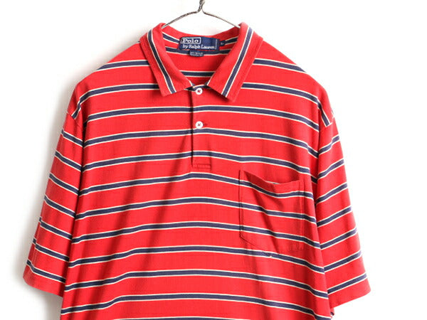 90s ビッグポロ ■ POLO ポロ ラルフローレン ボーダー 半袖 ポロシャツ ( メンズ L ) 古着 90年代 ポケット付き ワンポイント 半袖シャツ
