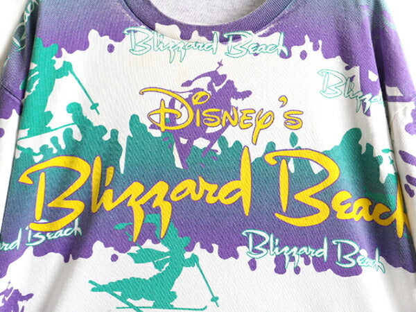 90s オールド ■ ディズニー ブリザード ビーチ 大判 プリント 半袖 Tシャツ ( メンズ レディース XL 程) 古着 90年代 Blizzard Beach 総柄