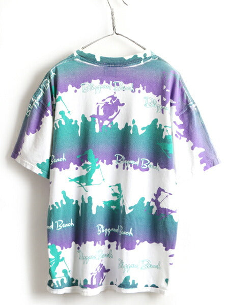 90s オールド ■ ディズニー ブリザード ビーチ 大判 プリント 半袖 Tシャツ ( メンズ レディース XL 程) 古着 90年代 Blizzard Beach 総柄