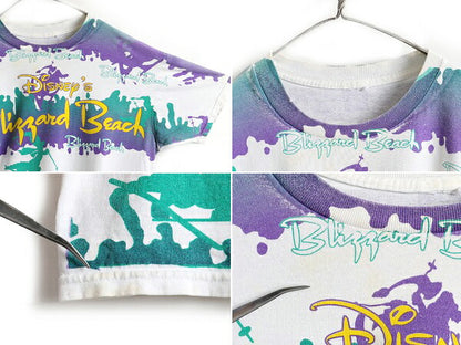 90s オールド ■ ディズニー ブリザード ビーチ 大判 プリント 半袖 Tシャツ ( メンズ レディース XL 程) 古着 90年代 Blizzard Beach 総柄