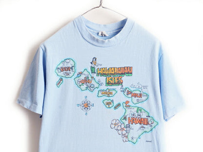 70s 80s USA製 ビンテージ ■ ハワイ マップ プリント 半袖 Tシャツ ( M  メンズ レディース ) 古着 HANES ヘインズ アロハ ハワイアン 青