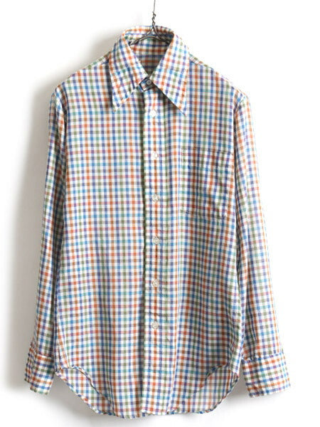 70s ビンテージ ■ ギンガム チェック 長袖 シャツ ( メンズ M ) 古着 70年代 ポケット付き 長袖シャツ チェックシャツ マルチカラー 薄手