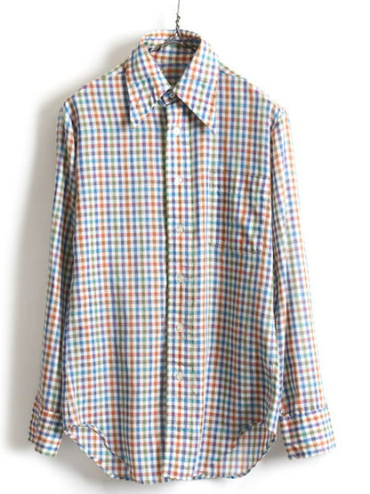 70s ビンテージ ■ ギンガム チェック 長袖 シャツ ( メンズ M ) 古着 70年代 ポケット付き 長袖シャツ チェックシャツ マルチカラー 薄手