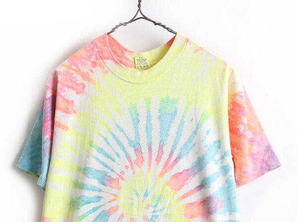 80s ビンテージ ■ 100% コットン タイダイ 染め 半袖 Tシャツ ( メンズ レディース M ) 古着 80年代 総柄 シングルステッチ マルチカラー