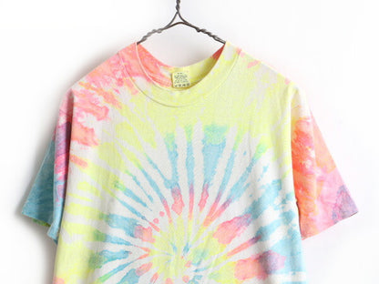 80s ビンテージ ■ 100% コットン タイダイ 染め 半袖 Tシャツ ( メンズ レディース M ) 古着 80年代 総柄 シングルステッチ マルチカラー