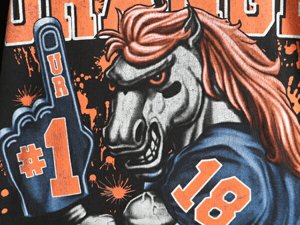00s 大きいサイズ XL 人気 黒 ■ NFL デンバー ブロンコス 大判 プリント 半袖 Tシャツ ( メンズ ) 古着 アメフト キャラクター オールド