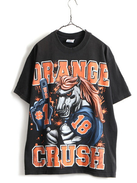 00s 大きいサイズ XL 人気 黒 ■ NFL デンバー ブロンコス 大判 プリント 半袖 Tシャツ ( メンズ ) 古着 アメフト キャラクター オールド