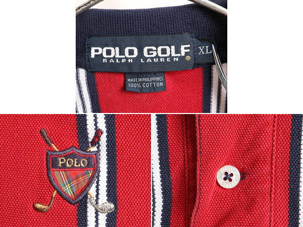 90s 大きいサイズ XL ■ POLO GOLF ラルフローレン ストライプ 鹿の子 半袖 ポロシャツ ( メンズ ) 古着 90年代 ポロ ゴルフ 半袖シャツ 赤