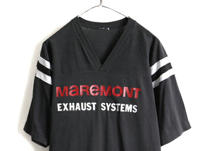 80s 人気 モノトーン ■ 企業 ロゴ プリント Vネック 半袖 フットボール Tシャツ ( メンズ M 程) 古着 80年代 ビンテージ プリントTシャツ