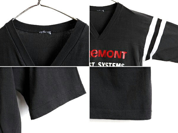 80s 人気 モノトーン ■ 企業 ロゴ プリント Vネック 半袖 フットボール Tシャツ ( メンズ M 程) 古着 80年代 ビンテージ プリントTシャツ