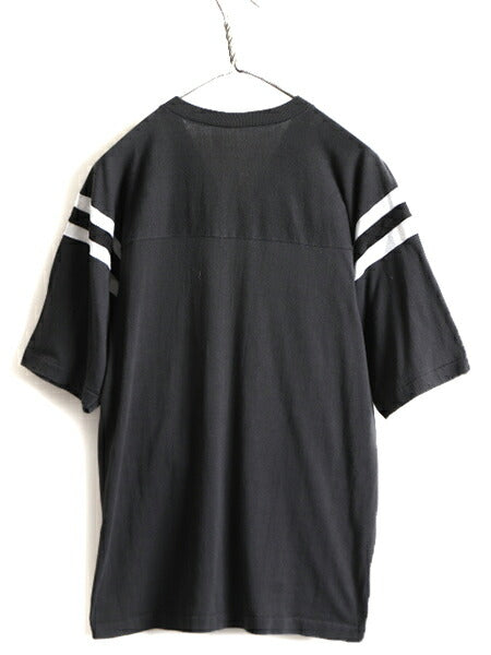 80s 人気 モノトーン ■ 企業 ロゴ プリント Vネック 半袖 フットボール Tシャツ ( メンズ M 程) 古着 80年代 ビンテージ プリントTシャツ