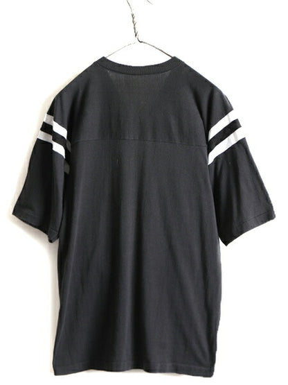 80s 人気 モノトーン ■ 企業 ロゴ プリント Vネック 半袖 フットボール Tシャツ ( メンズ M 程) 古着 80年代 ビンテージ プリントTシャツ