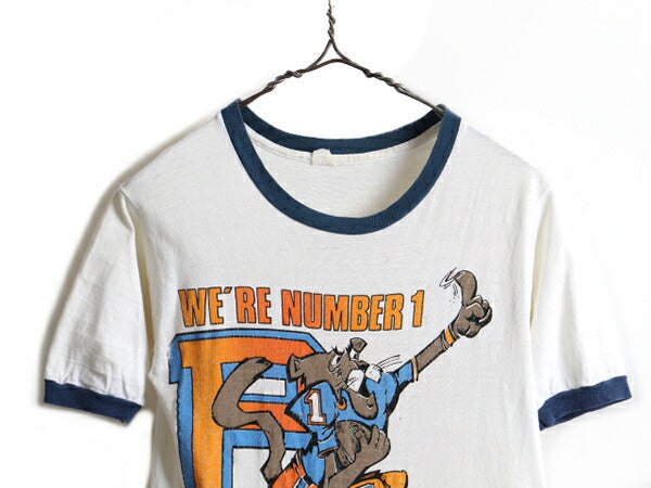 70s ビンテージ ■ カレッジ キャラクター プリント 半袖 リンガー Tシャツ ( メンズ レディース S 程) 古着 70年代 マスコット プリントT