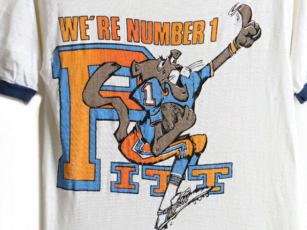 70s ビンテージ ■ カレッジ キャラクター プリント 半袖 リンガー Tシャツ ( メンズ レディース S 程) 古着 70年代 マスコット プリントT