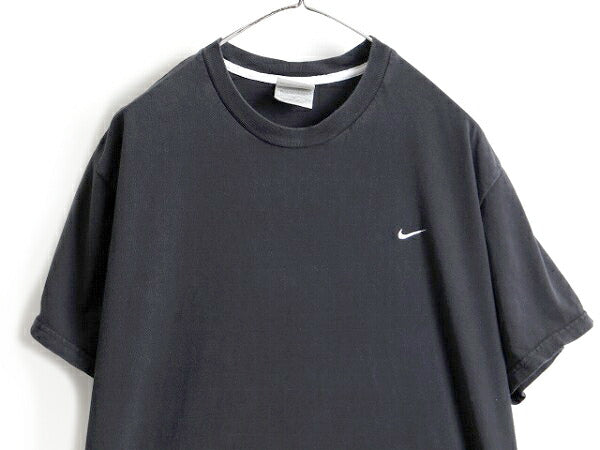 00s 大きいサイズ XL 人気 黒 ■ NIKE スモール スウォッシュ ロゴ刺繍 半袖 Tシャツ ( メンズ ) 古着 00年代 ナイキ ヘビーウェイト ロゴT