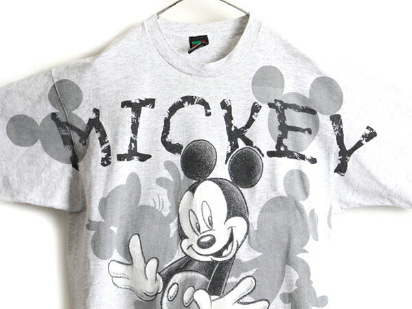 90s ■ ディズニー オフィシャル ミッキー オーバー プリント 半袖 Tシャツ ( メンズ レディース XL 程) 古着 90年代 キャラクター 杢灰
