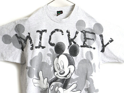90s ■ ディズニー オフィシャル ミッキー オーバー プリント 半袖 Tシャツ ( メンズ レディース XL 程) 古着 90年代 キャラクター 杢灰