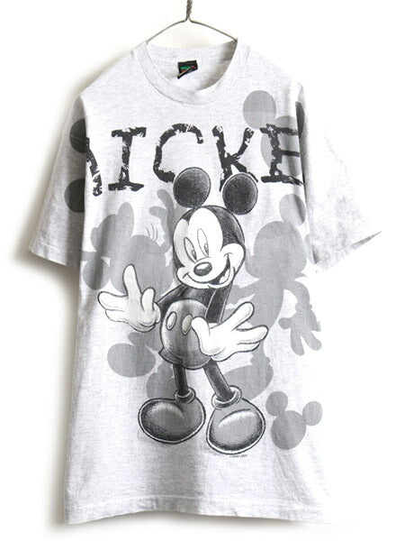 90s ■ ディズニー オフィシャル ミッキー オーバー プリント 半袖 Tシャツ ( メンズ レディース XL 程) 古着 90年代 キャラクター 杢灰