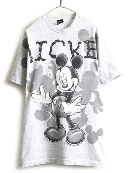90s ■ ディズニー オフィシャル ミッキー オーバー プリント 半袖 Tシャツ ( メンズ レディース XL 程) 古着 90年代 キャラクター 杢灰